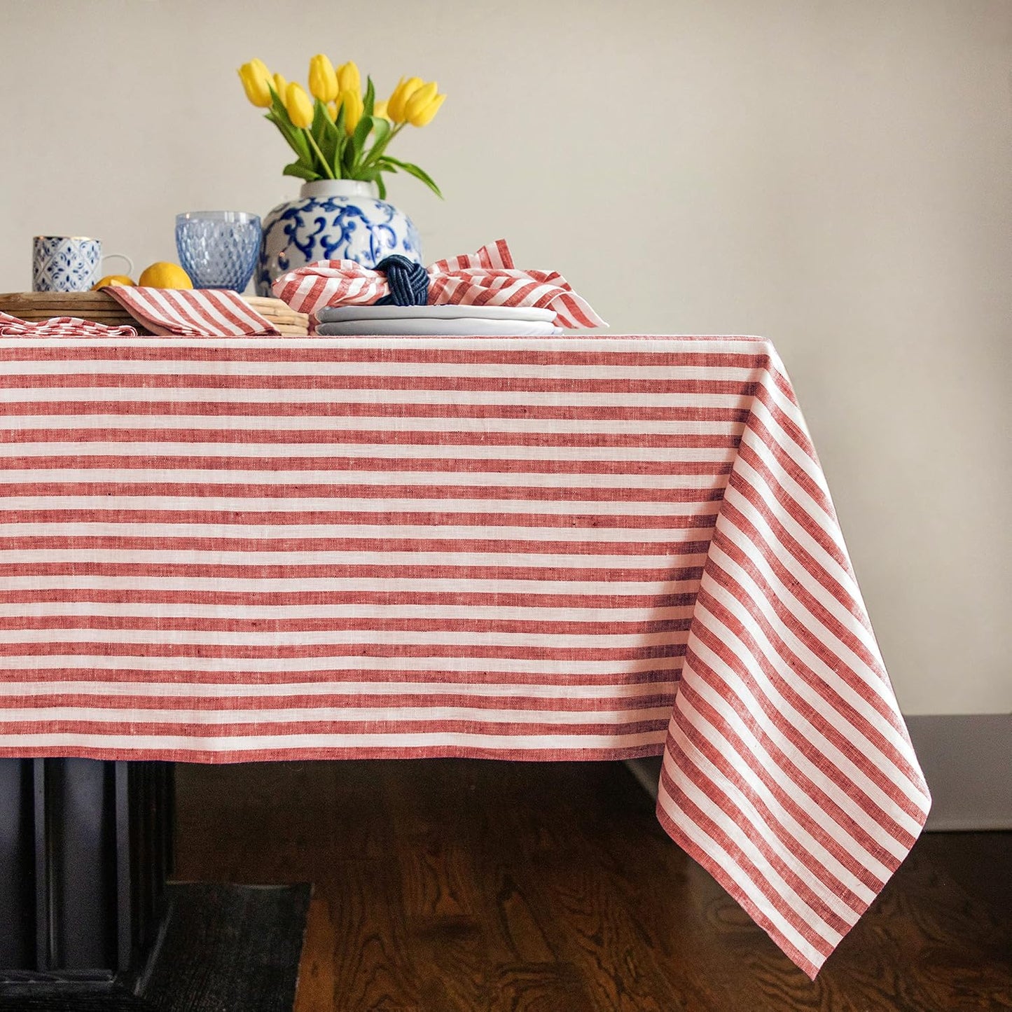 Solino Home Linen Tablecloth 60 x 90 Inch - Amalfi Stripe 100% Pure Linen Natural and White Table Cloth for Rectangle Tables - Machine Washable Tablecloth for Fall, Autumn, Thanksgiving