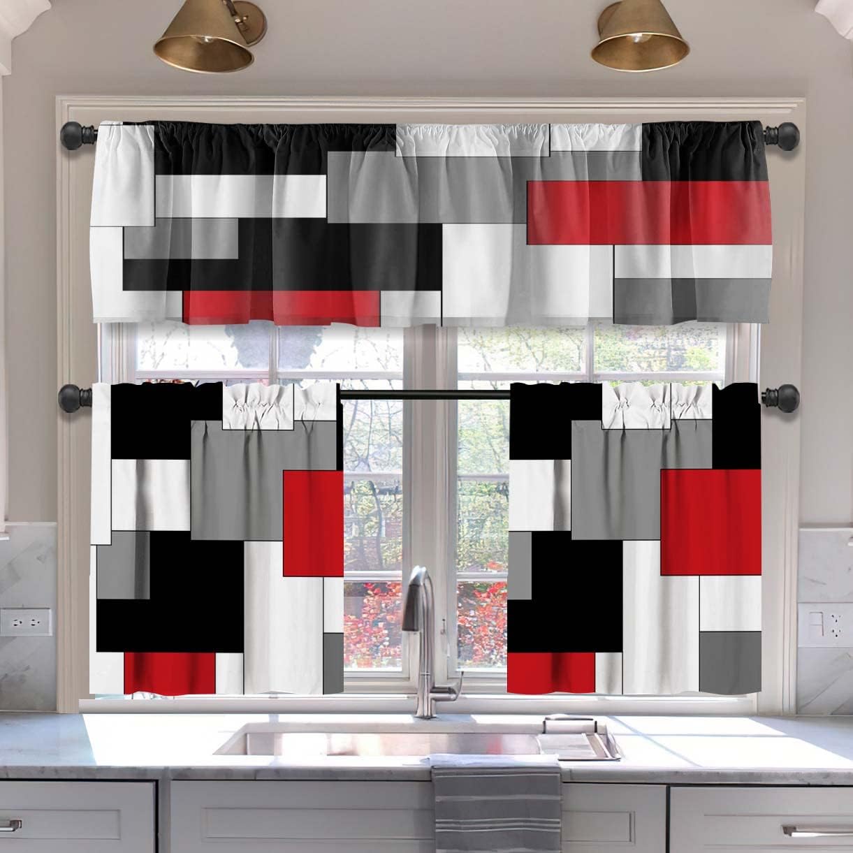 MCALK Brown Blackout Kitchen Curtains Tiers and Valances Set 3 Piece for Windows Beige Kitchen Window Curtains Set,Modern Abstract Art Valances for Living Room(36" Tiers Set)