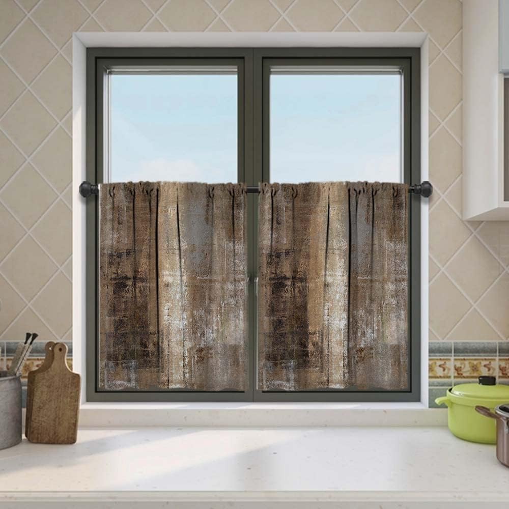 MCALK Brown Blackout Kitchen Curtains Tiers and Valances Set 3 Piece for Windows Beige Kitchen Window Curtains Set,Modern Abstract Art Valances for Living Room(36" Tiers Set)