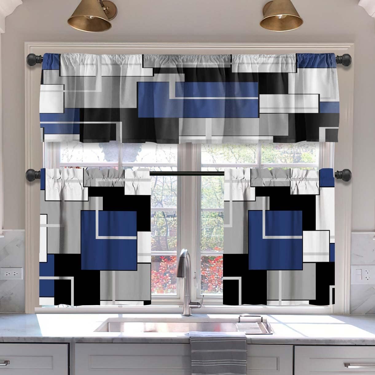 MCALK Brown Blackout Kitchen Curtains Tiers and Valances Set 3 Piece for Windows Beige Kitchen Window Curtains Set,Modern Abstract Art Valances for Living Room(36" Tiers Set)