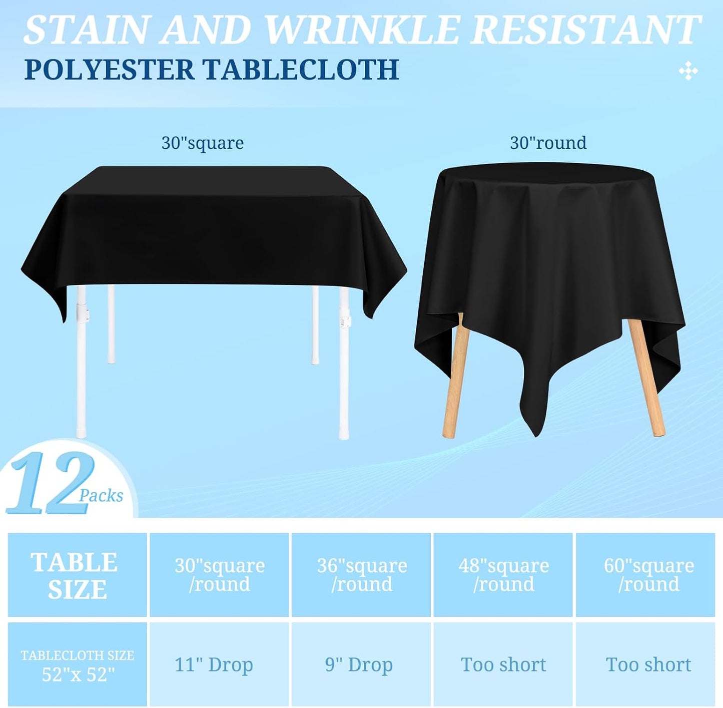 12 Pack Black Square Tablecloths 52 x 52 Inch, Table Cloth for Square Table, Stain and Wrinkle Resistant Washable Fabric Table Cloth, Polyester Tablecloth for Restaurant Banquet Party
