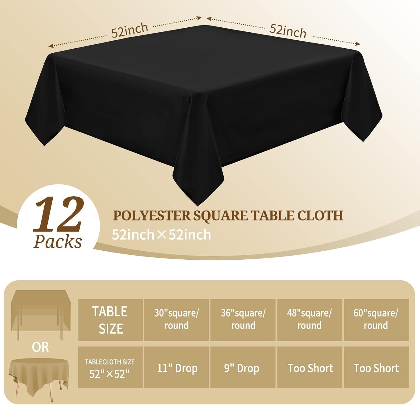 Pesonlook 12 Packs Square Tablecloth, 52×52 Inch Polyester Washable Square Polyester Table Cover for Tables/Buffet/Wedding/Party/Restaurant(Black)