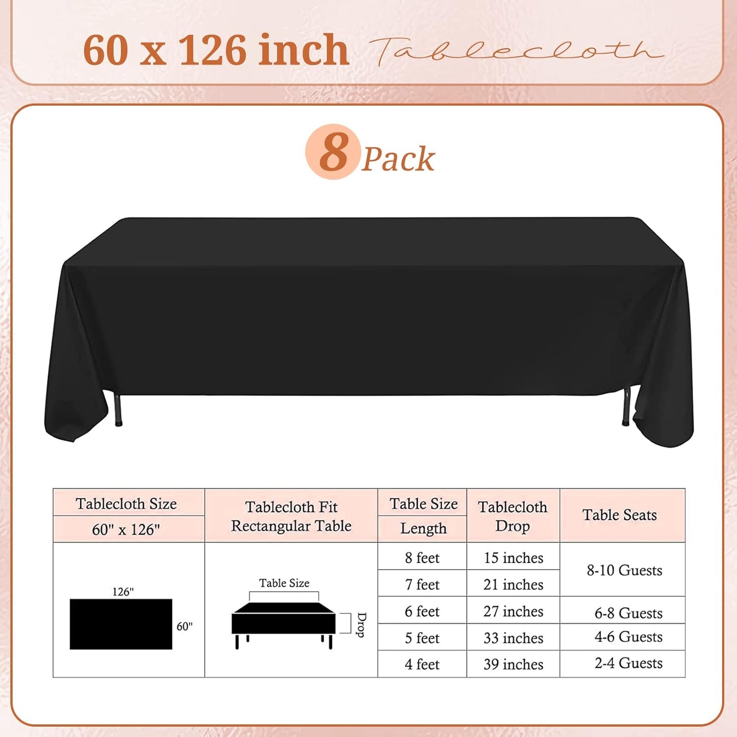 8 Pack Polyester Rectangle Tablecloth 60 x 126 Inch, Black Tablecloth Rectangle for 8 Ft Tables, Stain and Wrinkle Resistant Washable Table Cover for Kitchen Wedding Banquet Restaurant Party