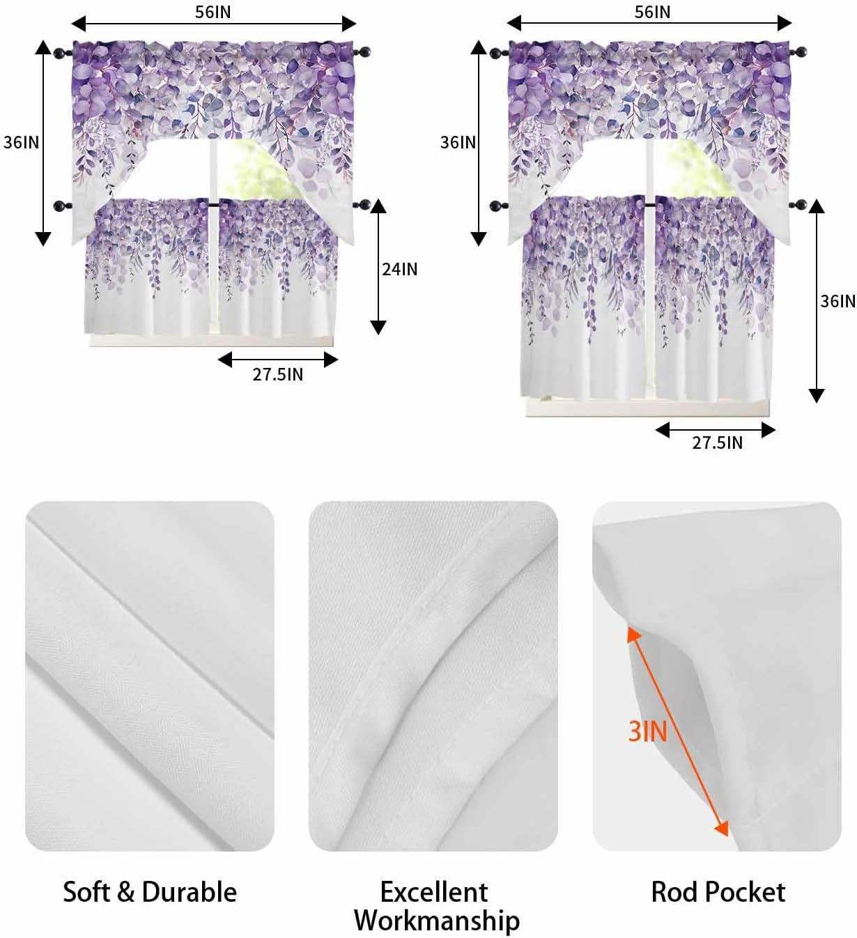 Spring Botanical Swag Curtains Valance and Tier Set, Purple Eucalyptus Leaves Rod Pocket Curtain Drapes for Bedroom Bathroom Over Sink Kitchen Curtains 3 Piece Set Swag Valances and 24 inches Tiers