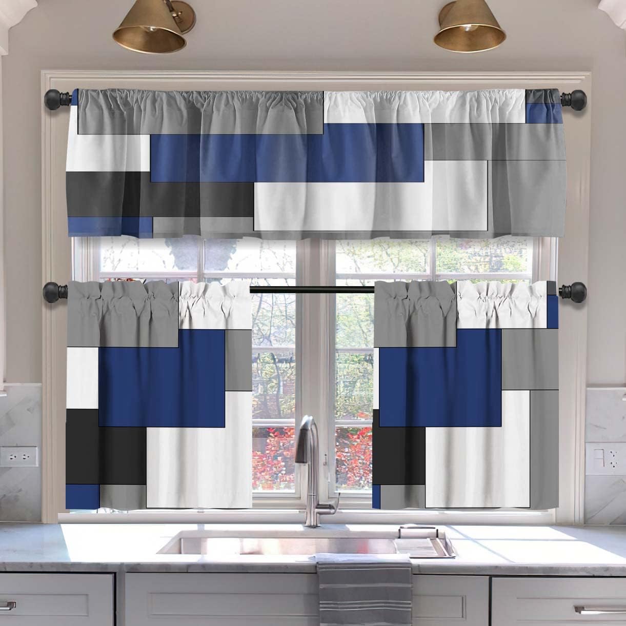 MCALK Brown Blackout Kitchen Curtains Tiers and Valances Set 3 Piece for Windows Beige Kitchen Window Curtains Set,Modern Abstract Art Valances for Living Room(36" Tiers Set)
