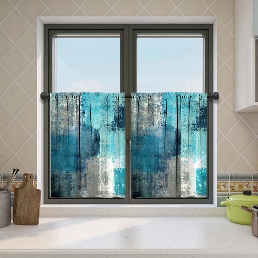 MCALK Brown Blackout Kitchen Curtains Tiers and Valances Set 3 Piece for Windows Beige Kitchen Window Curtains Set,Modern Abstract Art Valances for Living Room(36" Tiers Set)