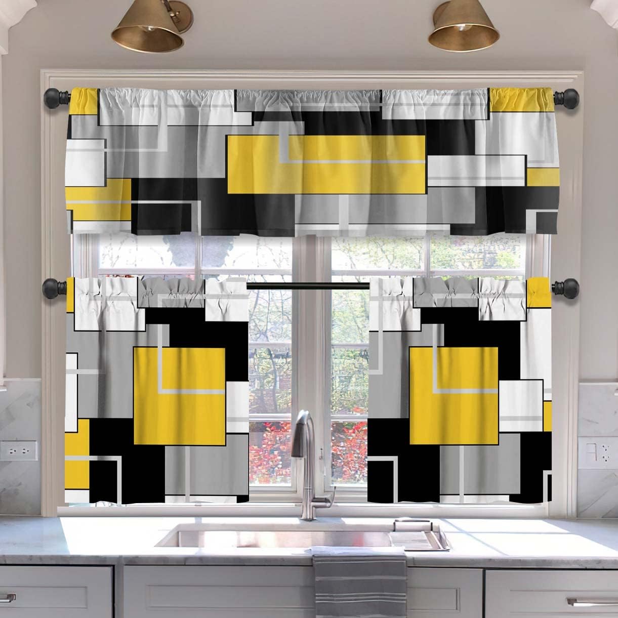 MCALK Brown Blackout Kitchen Curtains Tiers and Valances Set 3 Piece for Windows Beige Kitchen Window Curtains Set,Modern Abstract Art Valances for Living Room(36" Tiers Set)