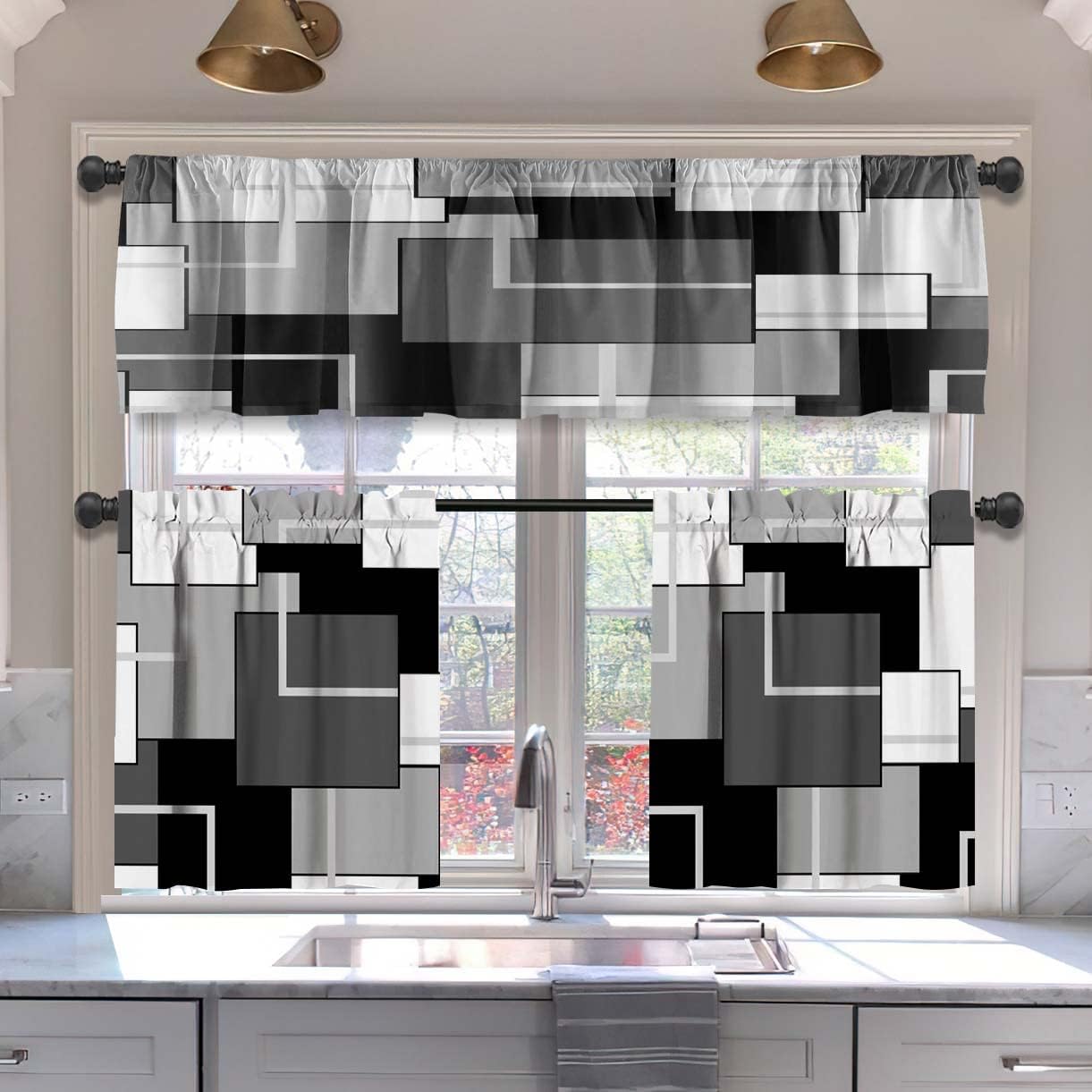 MCALK Brown Blackout Kitchen Curtains Tiers and Valances Set 3 Piece for Windows Beige Kitchen Window Curtains Set,Modern Abstract Art Valances for Living Room(36" Tiers Set)