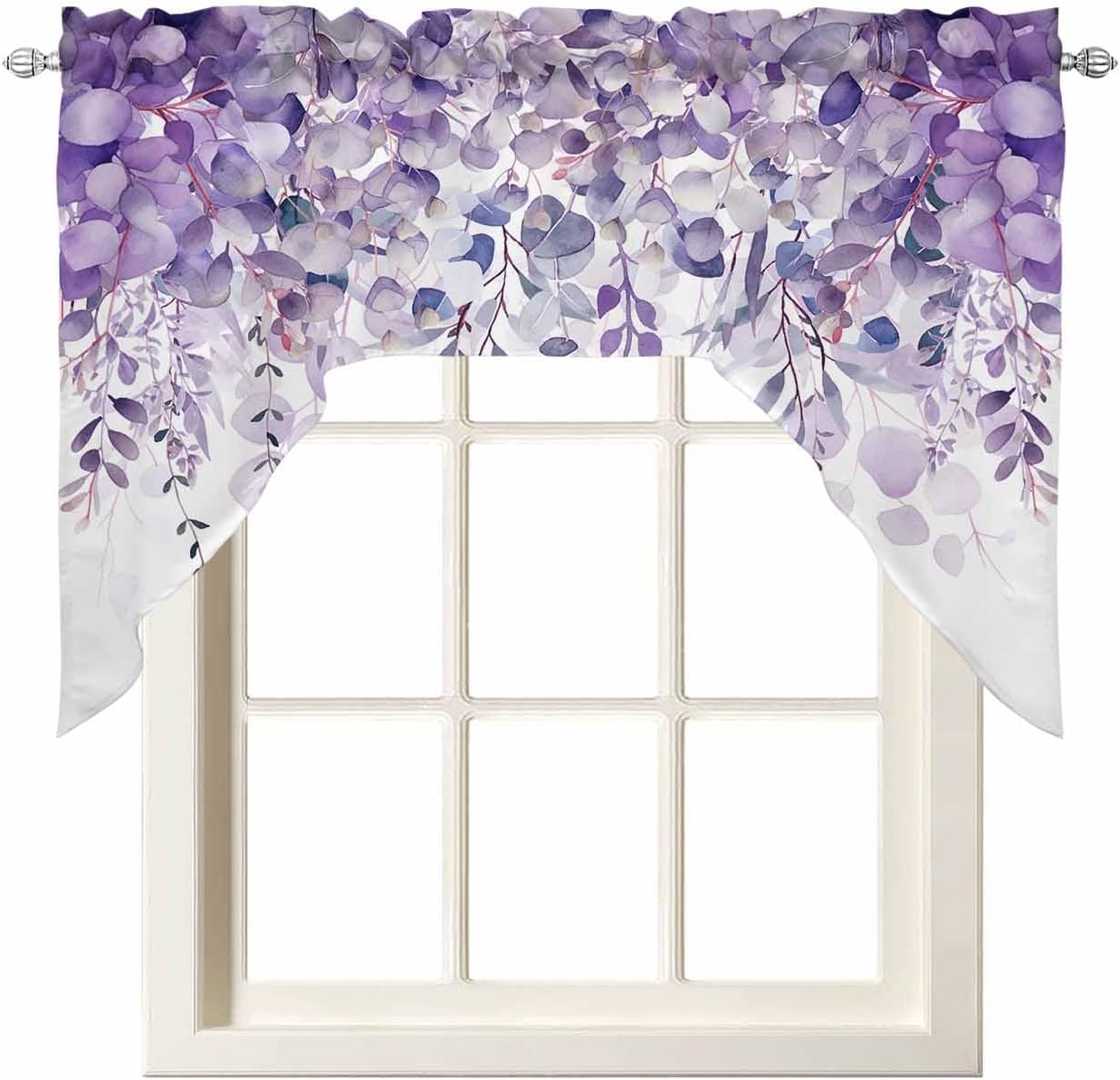 Spring Botanical Swag Curtains Valance and Tier Set, Purple Eucalyptus Leaves Rod Pocket Curtain Drapes for Bedroom Bathroom Over Sink Kitchen Curtains 3 Piece Set Swag Valances and 24 inches Tiers