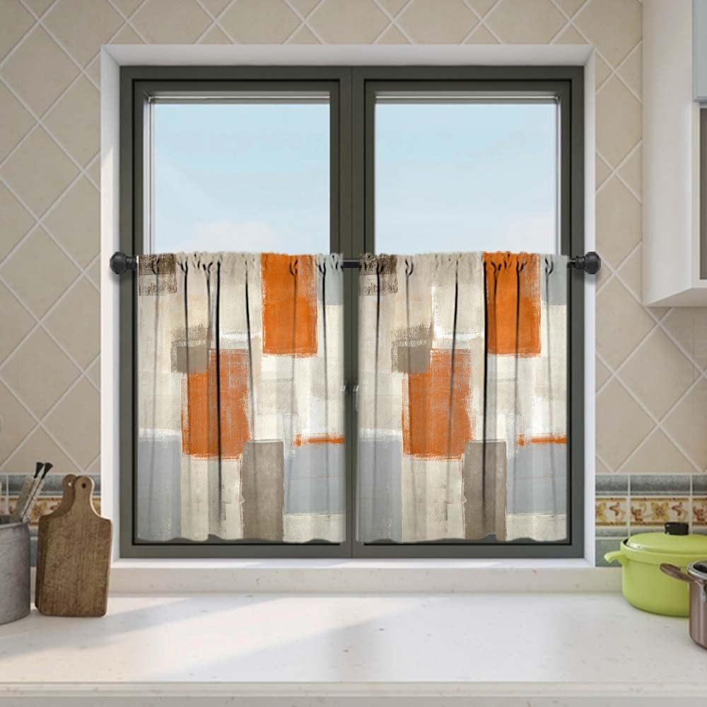 MCALK Brown Blackout Kitchen Curtains Tiers and Valances Set 3 Piece for Windows Beige Kitchen Window Curtains Set,Modern Abstract Art Valances for Living Room(36" Tiers Set)