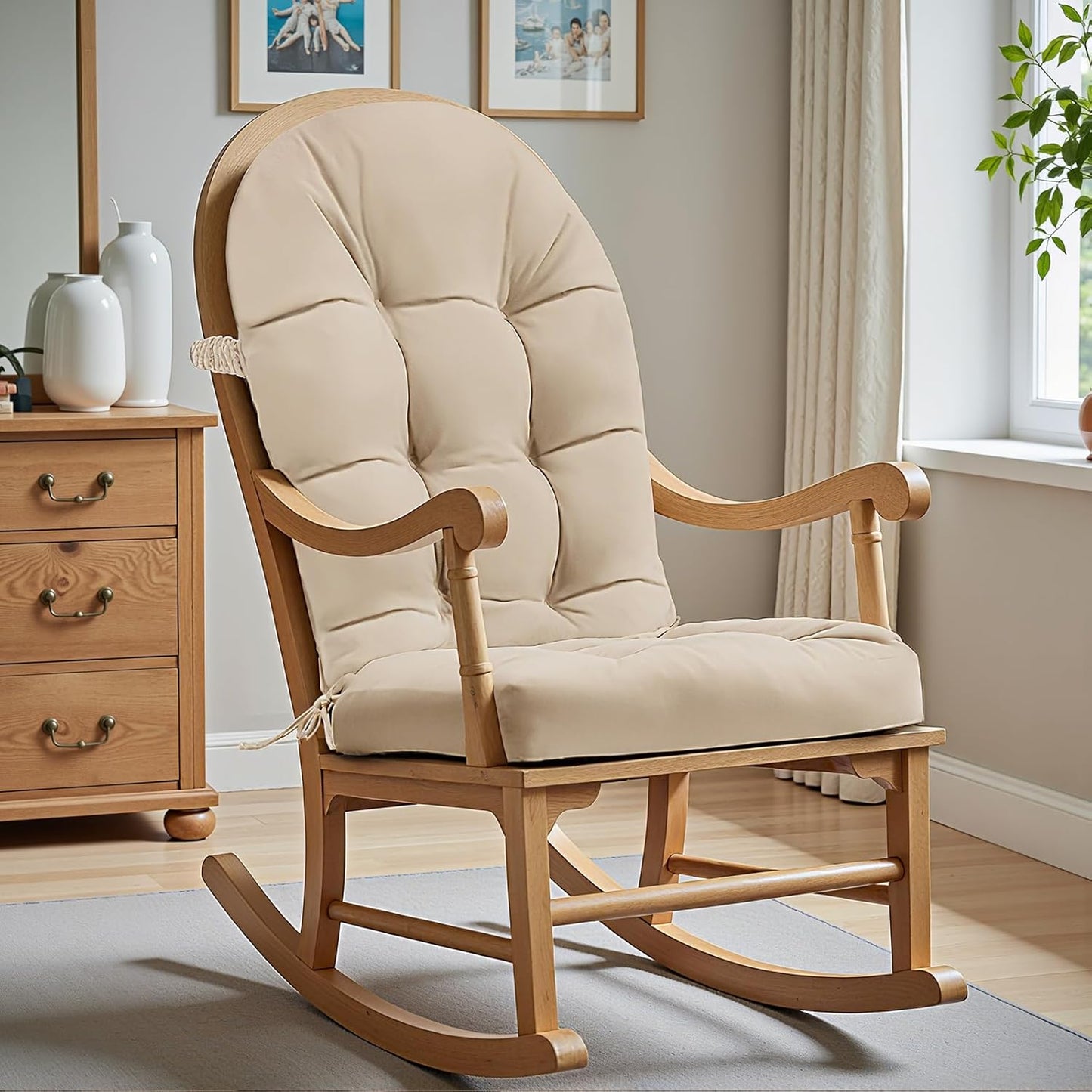 Rocking Chair Cushion - Chenille Fabric, High-Density Sponge, Durable Comfort Non-Slip Bottom Tufted Seat Pads with Ties, Chenille︱Oyster White, 44x19x4 inch
