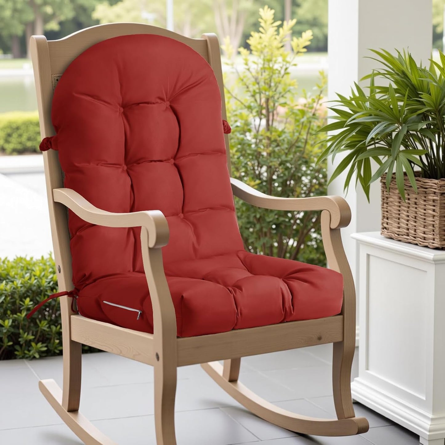 Rocking Chair Cushion - Chenille Fabric, High-Density Sponge, Durable Comfort Non-Slip Bottom Tufted Seat Pads with Ties, Chenille︱Oyster White, 44x19x4 inch