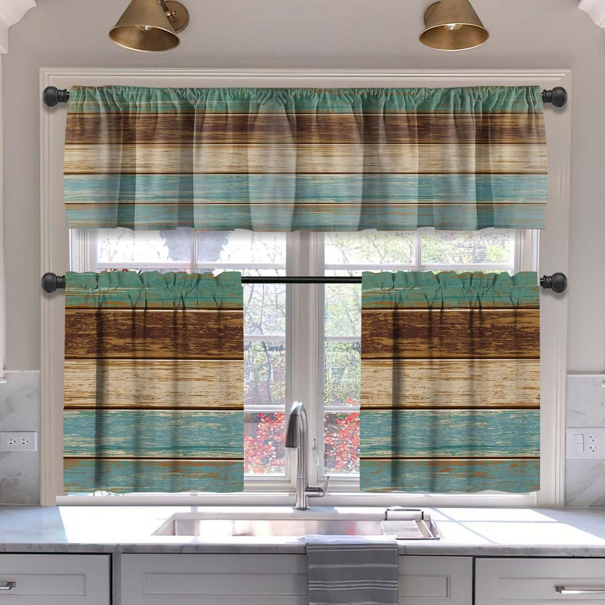 MCALK Brown Blackout Kitchen Curtains Tiers and Valances Set 3 Piece for Windows Beige Kitchen Window Curtains Set,Modern Abstract Art Valances for Living Room(36" Tiers Set)