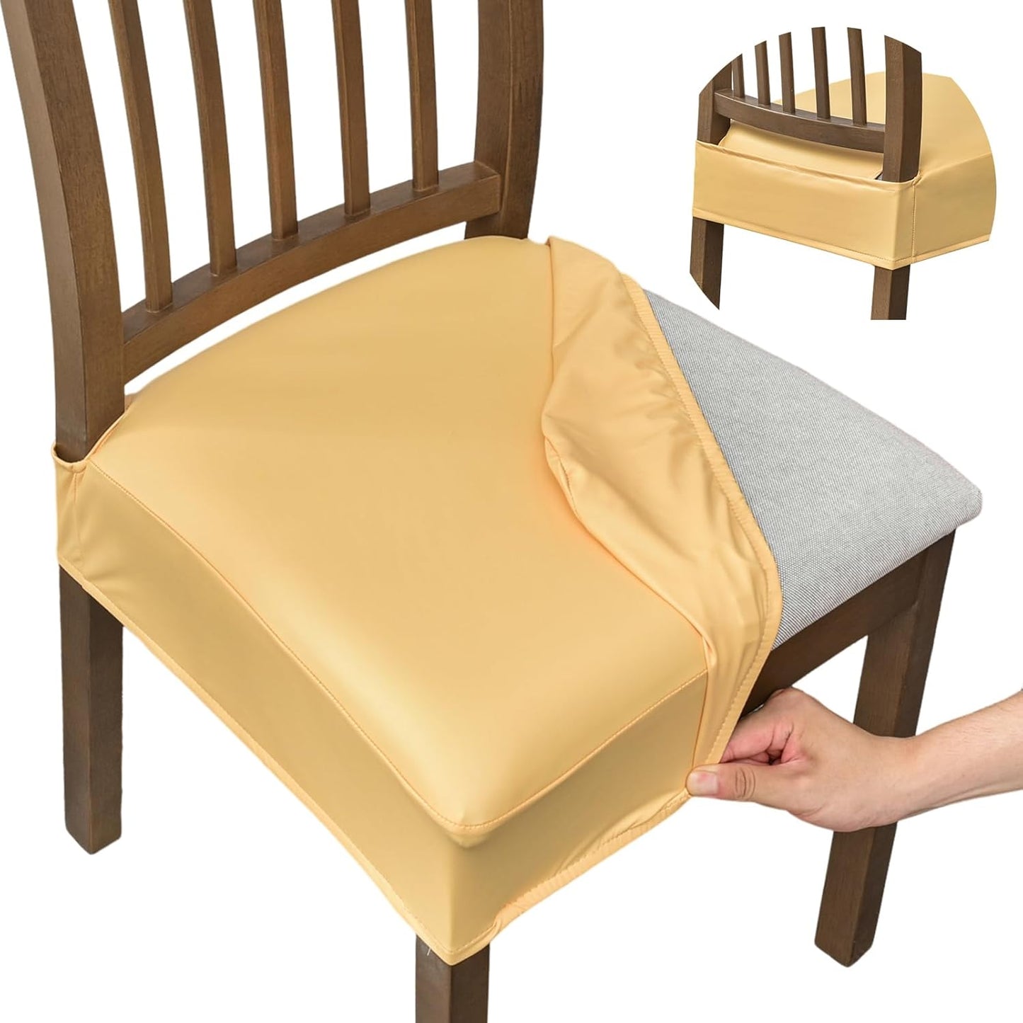 FUANGUI Dining Chair Covers Set of 4, Waterproof PU Leather Stretch Chair Seat Slipcovers Soft Removable Washable Chair Covers, Kitchen Chair Seat Covers Protectors Dining Room, PU-Black