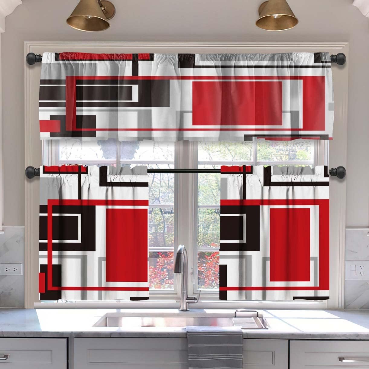 MCALK Brown Blackout Kitchen Curtains Tiers and Valances Set 3 Piece for Windows Beige Kitchen Window Curtains Set,Modern Abstract Art Valances for Living Room(36" Tiers Set)