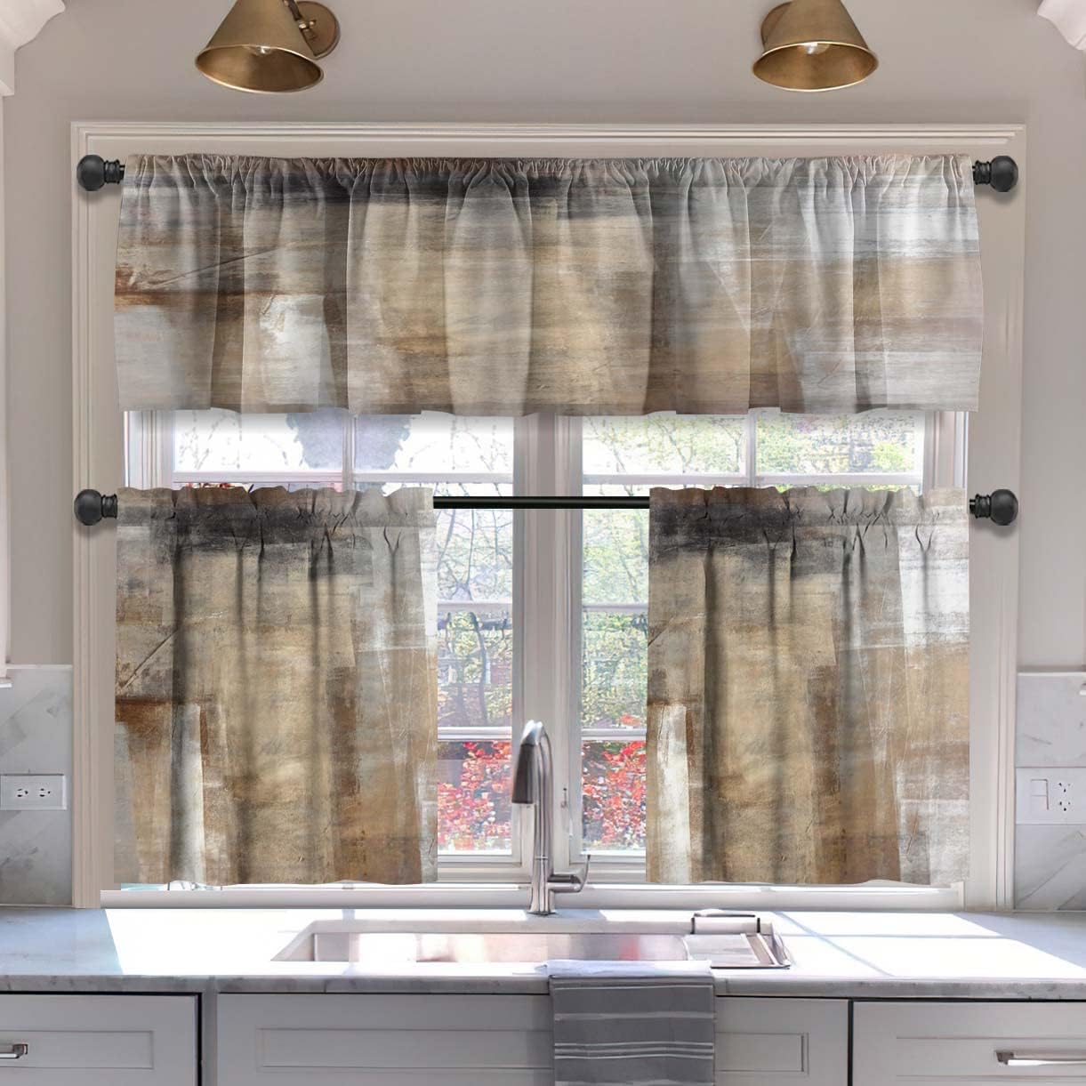 MCALK Brown Blackout Kitchen Curtains Tiers and Valances Set 3 Piece for Windows Beige Kitchen Window Curtains Set,Modern Abstract Art Valances for Living Room(36" Tiers Set)