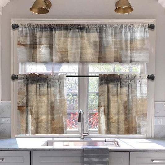 MCALK Brown Blackout Kitchen Curtains Tiers and Valances Set 3 Piece for Windows Beige Kitchen Window Curtains Set,Modern Abstract Art Valances for Living Room(36" Tiers Set)