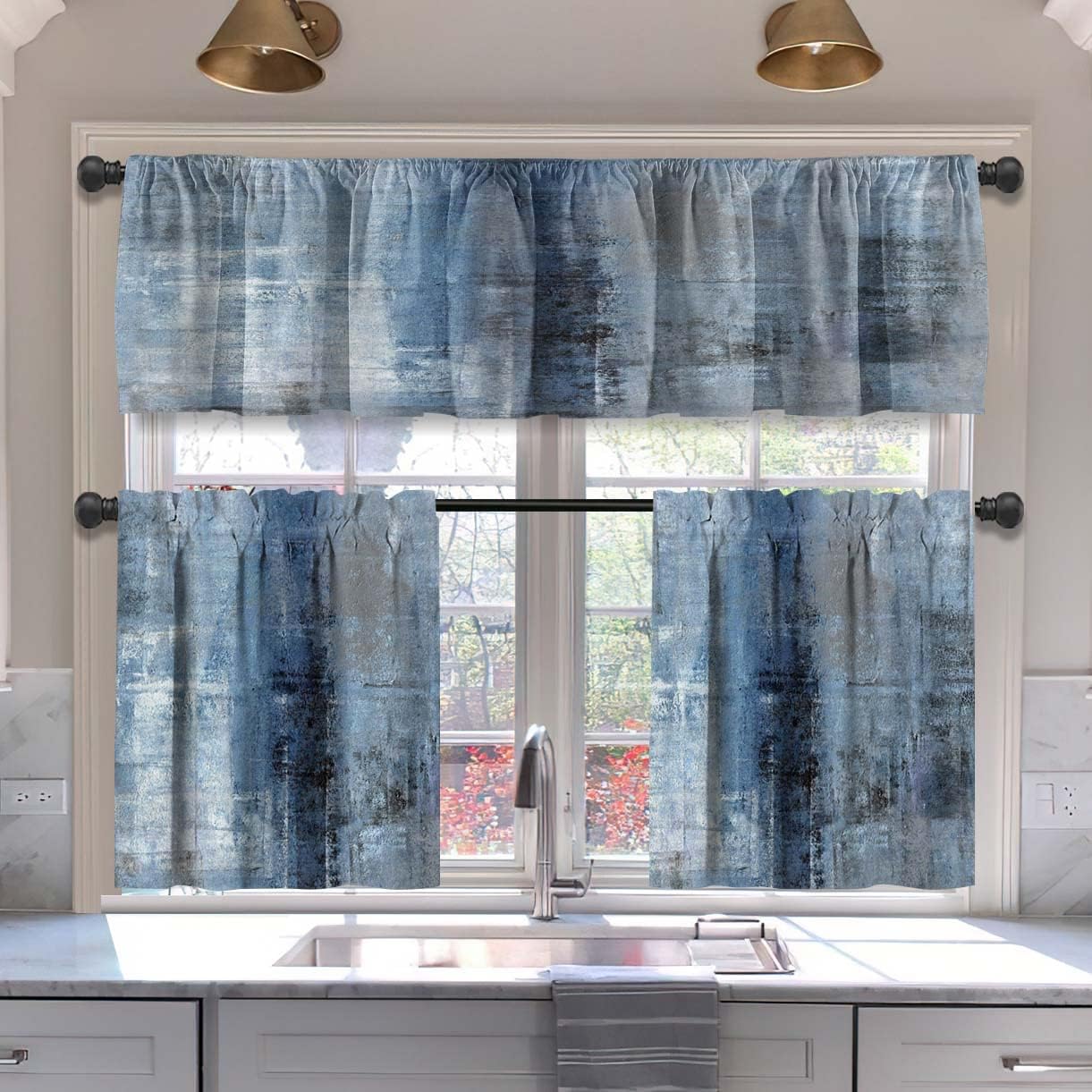 MCALK Brown Blackout Kitchen Curtains Tiers and Valances Set 3 Piece for Windows Beige Kitchen Window Curtains Set,Modern Abstract Art Valances for Living Room(36" Tiers Set)
