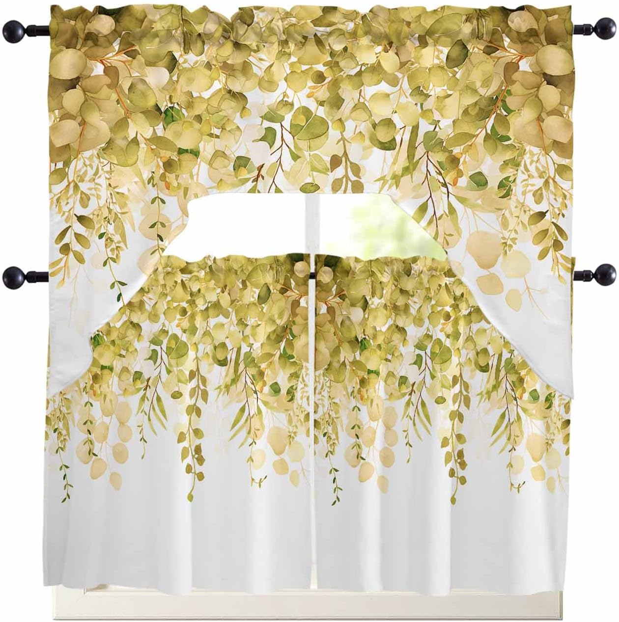 Spring Botanical Swag Curtains Valance and Tier Set, Purple Eucalyptus Leaves Rod Pocket Curtain Drapes for Bedroom Bathroom Over Sink Kitchen Curtains 3 Piece Set Swag Valances and 24 inches Tiers