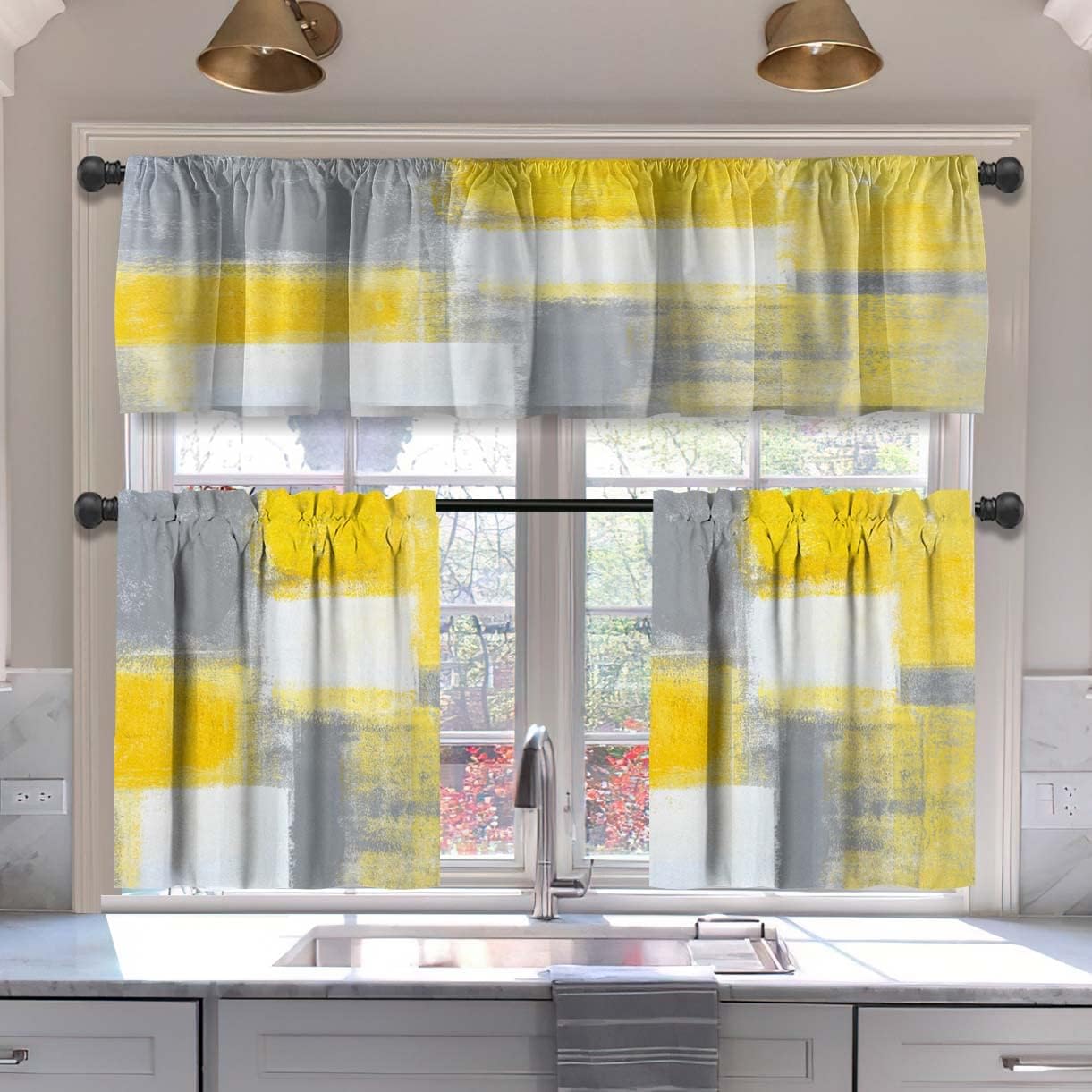 MCALK Brown Blackout Kitchen Curtains Tiers and Valances Set 3 Piece for Windows Beige Kitchen Window Curtains Set,Modern Abstract Art Valances for Living Room(36" Tiers Set)