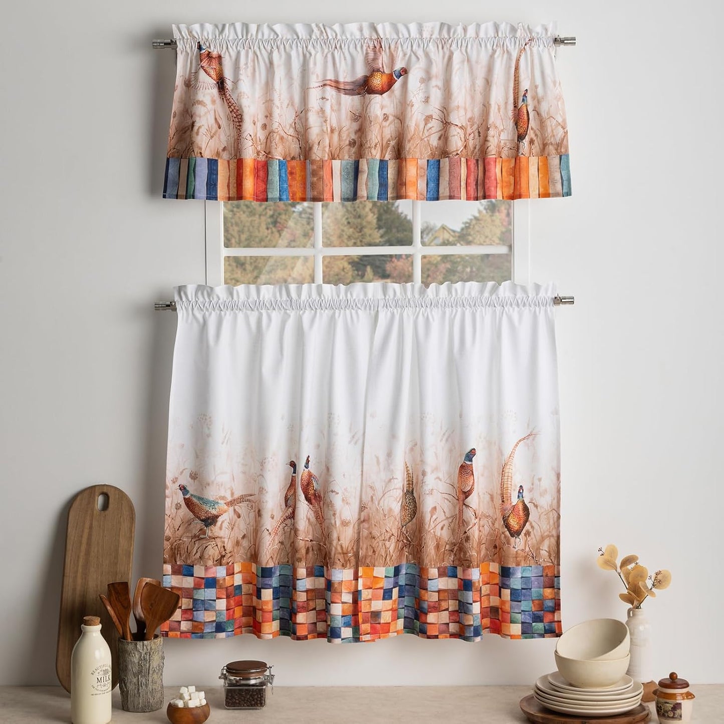 Maison d'Hermine Kitchen Curtains Sets for Windows 100% Cotton Set of Kitchen Curtains Valances for Cafe Home [2 Tiers (28"X36") and 1 Valance (56"X18")] - Easter Decorations (Happy Florals)