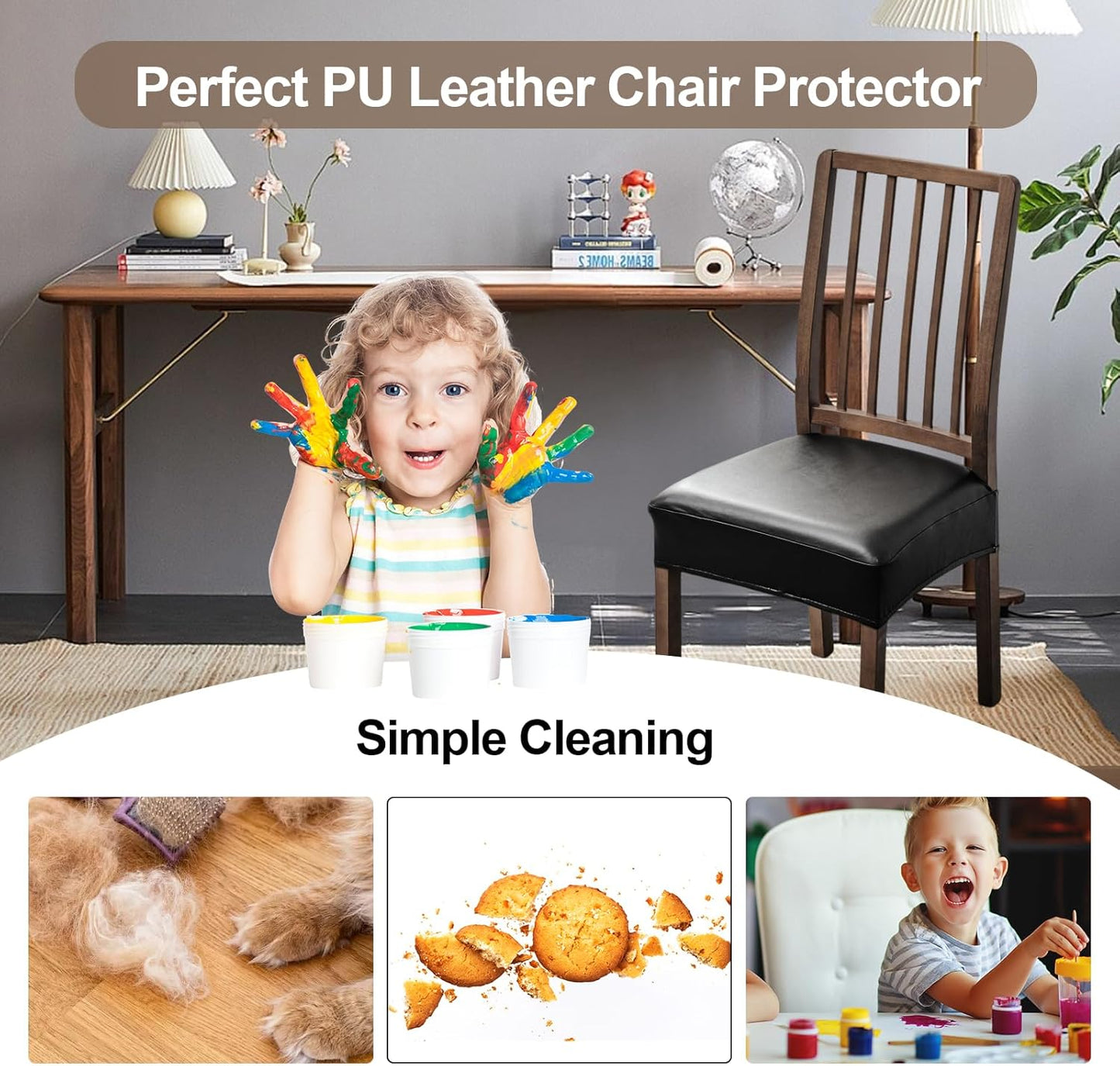 FUANGUI Dining Chair Covers Set of 4, Waterproof PU Leather Stretch Chair Seat Slipcovers Soft Removable Washable Chair Covers, Kitchen Chair Seat Covers Protectors Dining Room, PU-Black