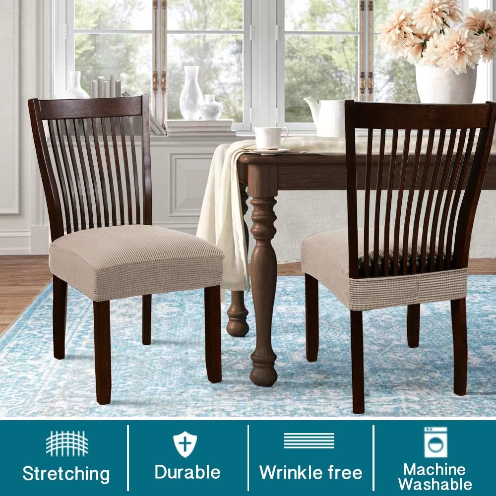 Turquoize Stretch Dining Chair Covers Seat Covers for Dining Room Chair Covers Set of 6，Removable Washable Kitchen Chair Seat Cushion Slipcovers Protector, Khaki