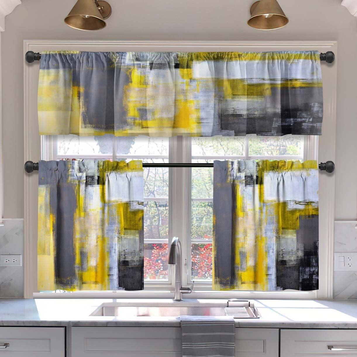 MCALK Brown Blackout Kitchen Curtains Tiers and Valances Set 3 Piece for Windows Beige Kitchen Window Curtains Set,Modern Abstract Art Valances for Living Room(36" Tiers Set)