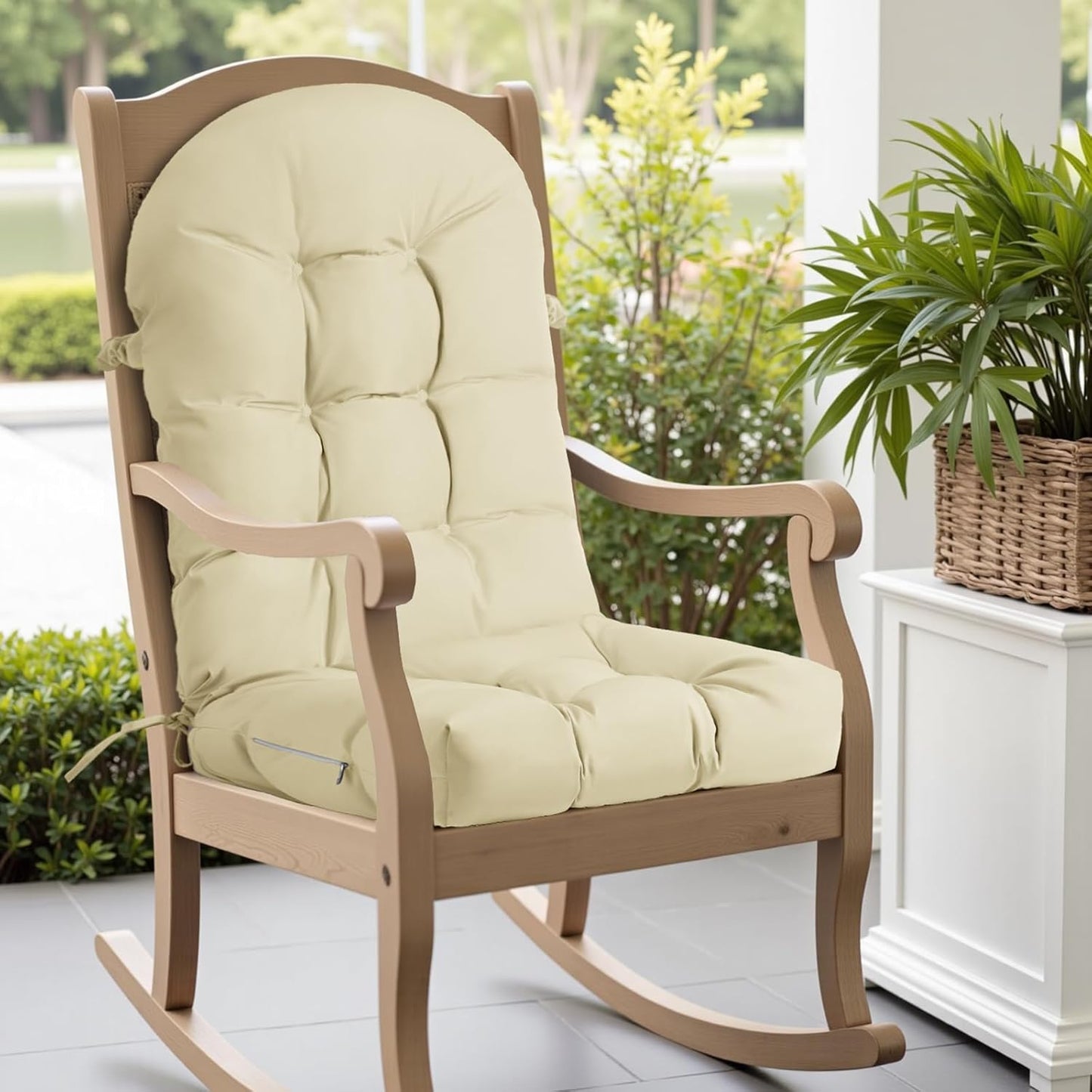 Rocking Chair Cushion - Chenille Fabric, High-Density Sponge, Durable Comfort Non-Slip Bottom Tufted Seat Pads with Ties, Chenille︱Oyster White, 44x19x4 inch