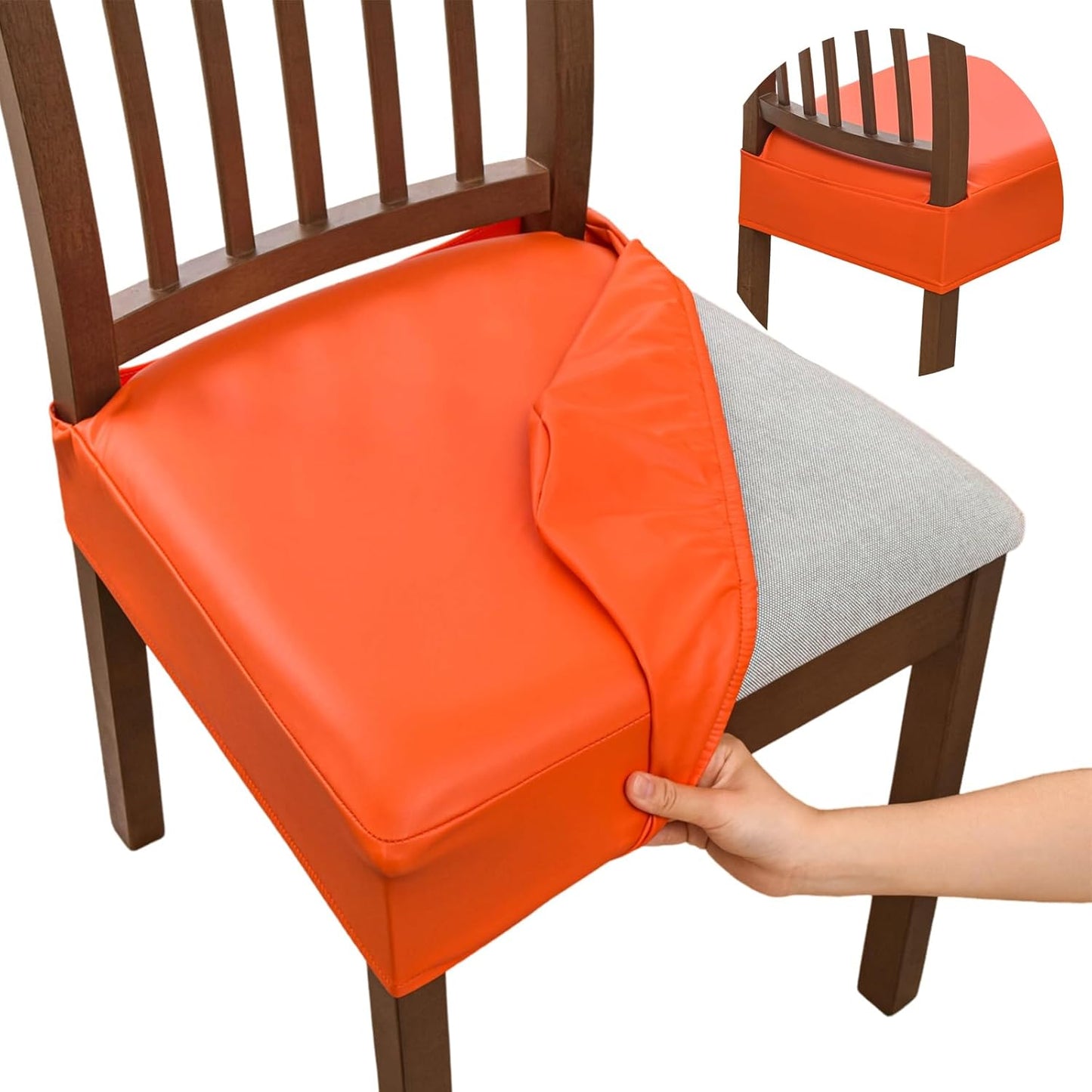 FUANGUI Dining Chair Covers Set of 4, Waterproof PU Leather Stretch Chair Seat Slipcovers Soft Removable Washable Chair Covers, Kitchen Chair Seat Covers Protectors Dining Room, PU-Black