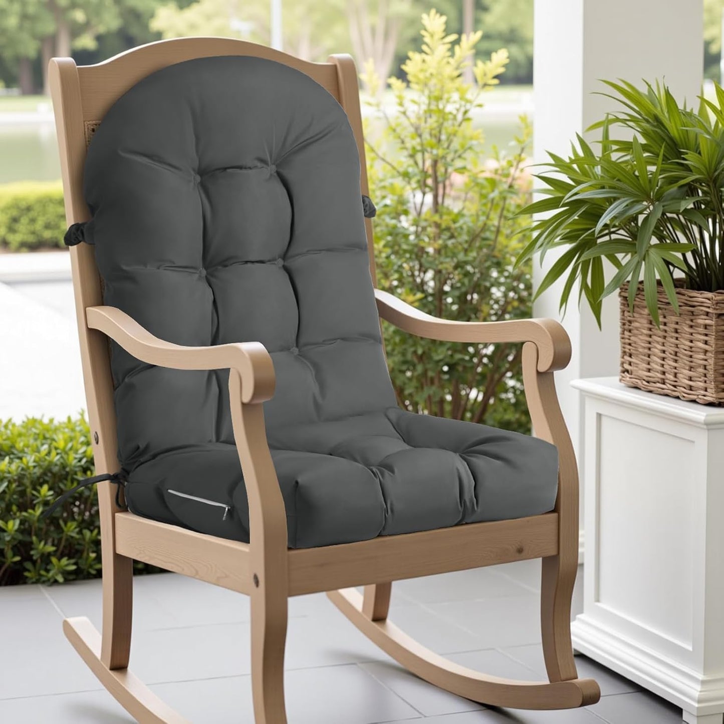 Rocking Chair Cushion - Chenille Fabric, High-Density Sponge, Durable Comfort Non-Slip Bottom Tufted Seat Pads with Ties, Chenille︱Oyster White, 44x19x4 inch