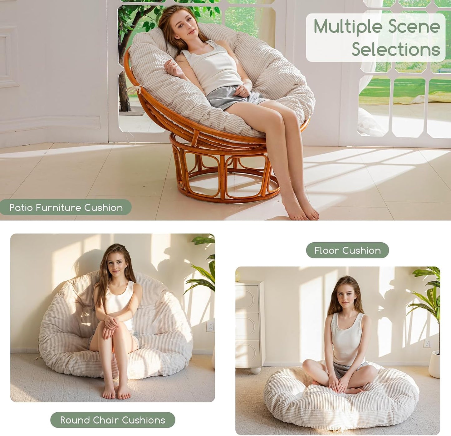 HIGOGOGO Papasan Chair Cushion with Corduroy Cover (Without Chair), 48 x 48 Inch Supportive Cushion, Overstuffed Chair Cushion,Beige