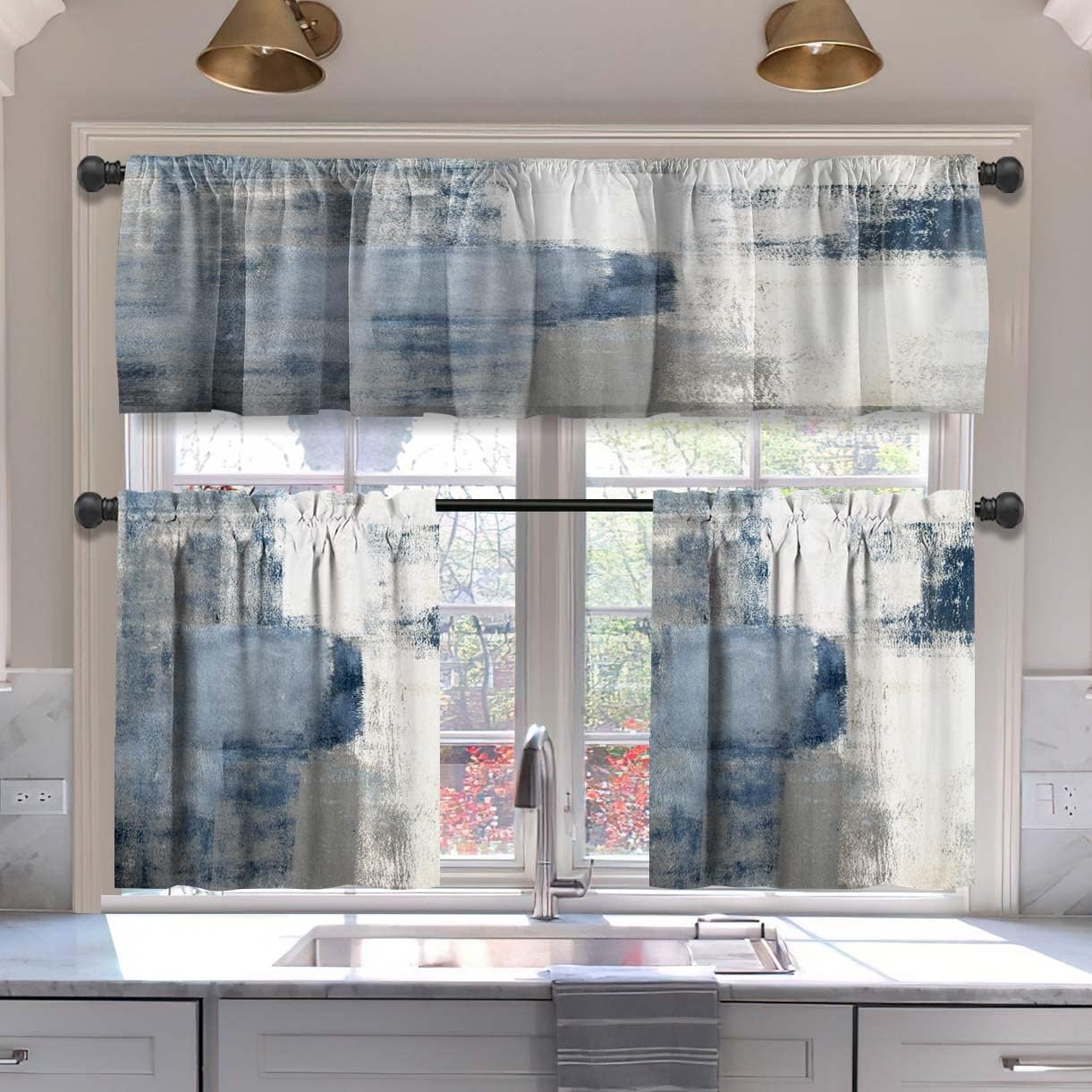 MCALK Brown Blackout Kitchen Curtains Tiers and Valances Set 3 Piece for Windows Beige Kitchen Window Curtains Set,Modern Abstract Art Valances for Living Room(36" Tiers Set)