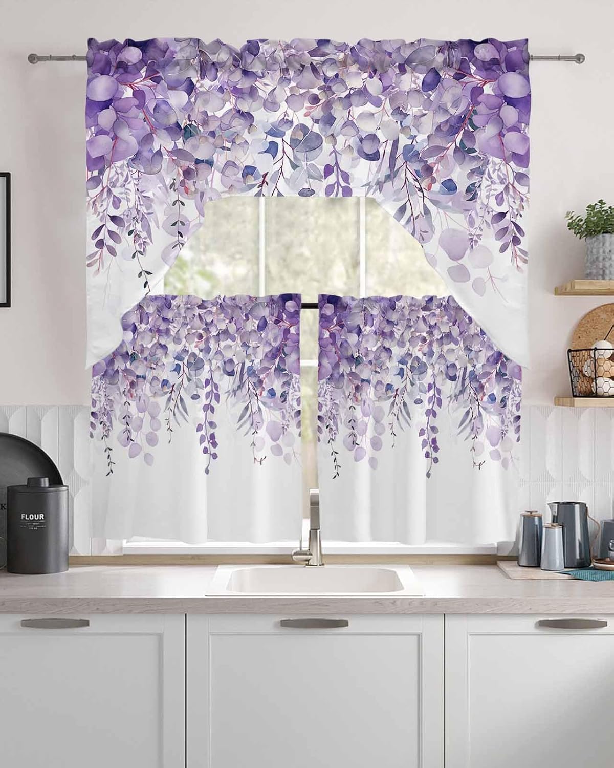 Spring Botanical Swag Curtains Valance and Tier Set, Purple Eucalyptus Leaves Rod Pocket Curtain Drapes for Bedroom Bathroom Over Sink Kitchen Curtains 3 Piece Set Swag Valances and 24 inches Tiers