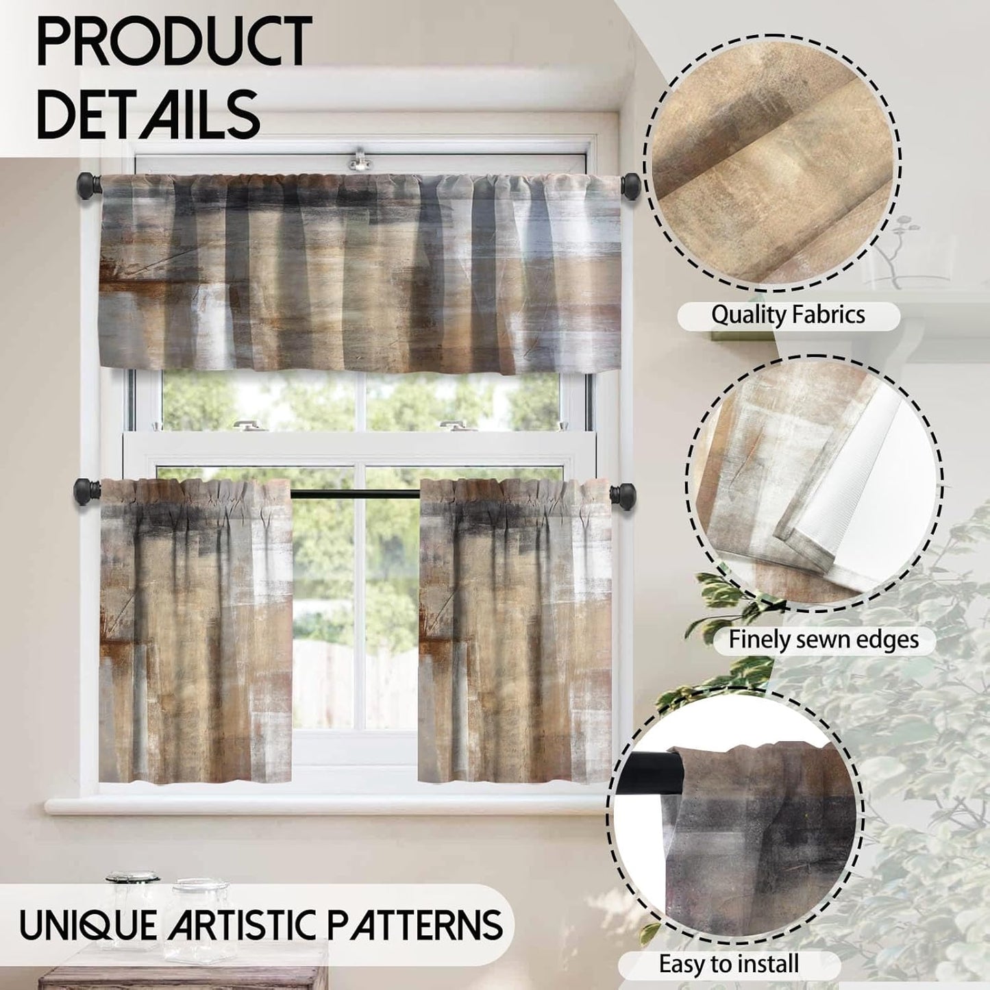 MCALK Brown Blackout Kitchen Curtains Tiers and Valances Set 3 Piece for Windows Beige Kitchen Window Curtains Set,Modern Abstract Art Valances for Living Room(36" Tiers Set)