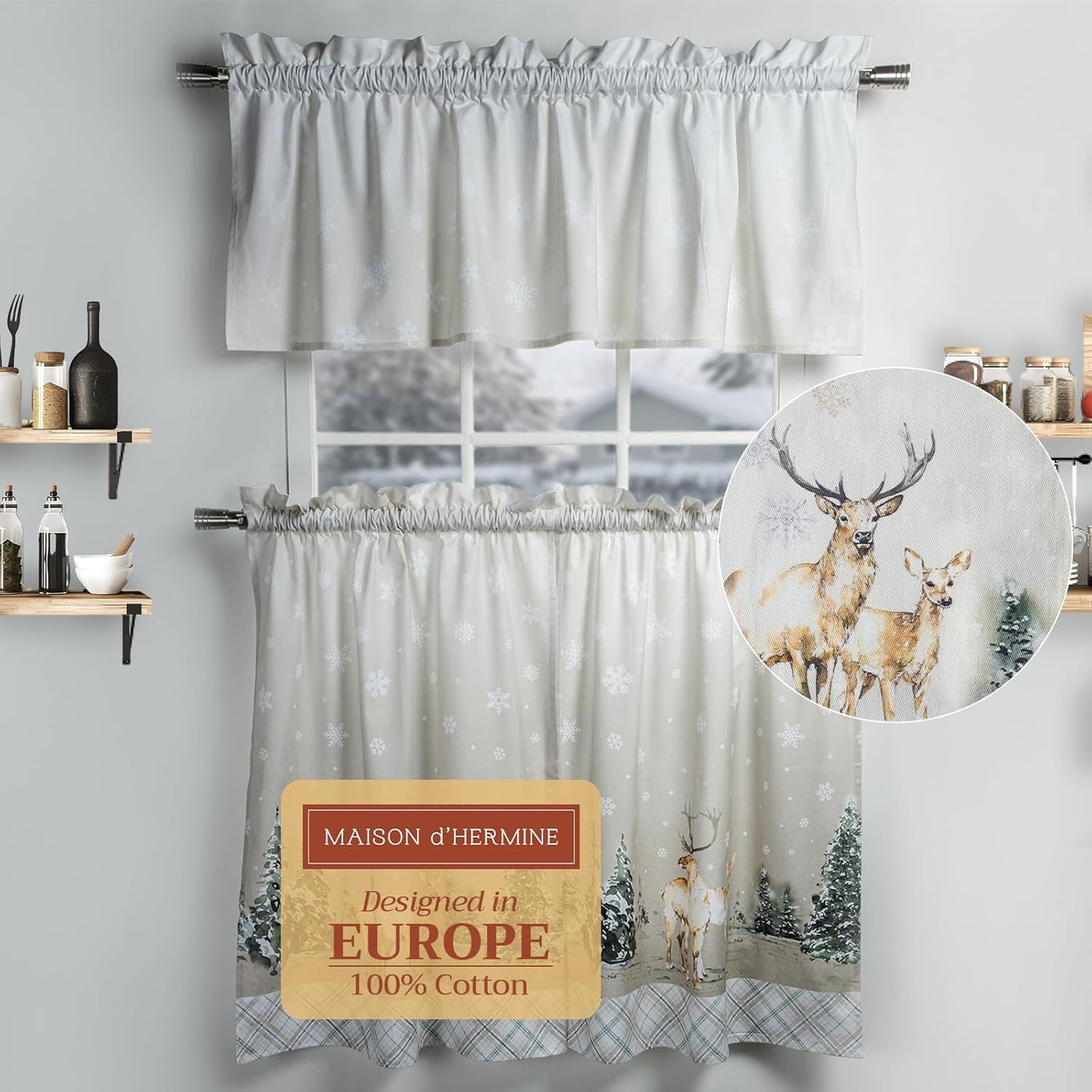 Maison d'Hermine Kitchen Curtains Sets for Windows 100% Cotton Set of Kitchen Curtains Valances for Cafe Home [2 Tiers (28"X36") and 1 Valance (56"X18")] - Easter Decorations (Passiflora)