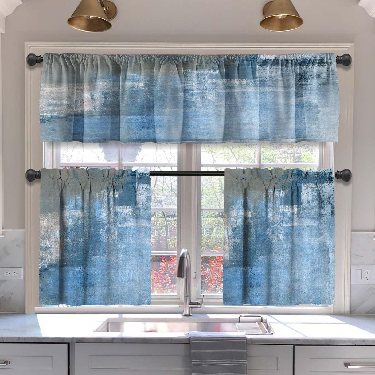 MCALK Brown Blackout Kitchen Curtains Tiers and Valances Set 3 Piece for Windows Beige Kitchen Window Curtains Set,Modern Abstract Art Valances for Living Room(36" Tiers Set)