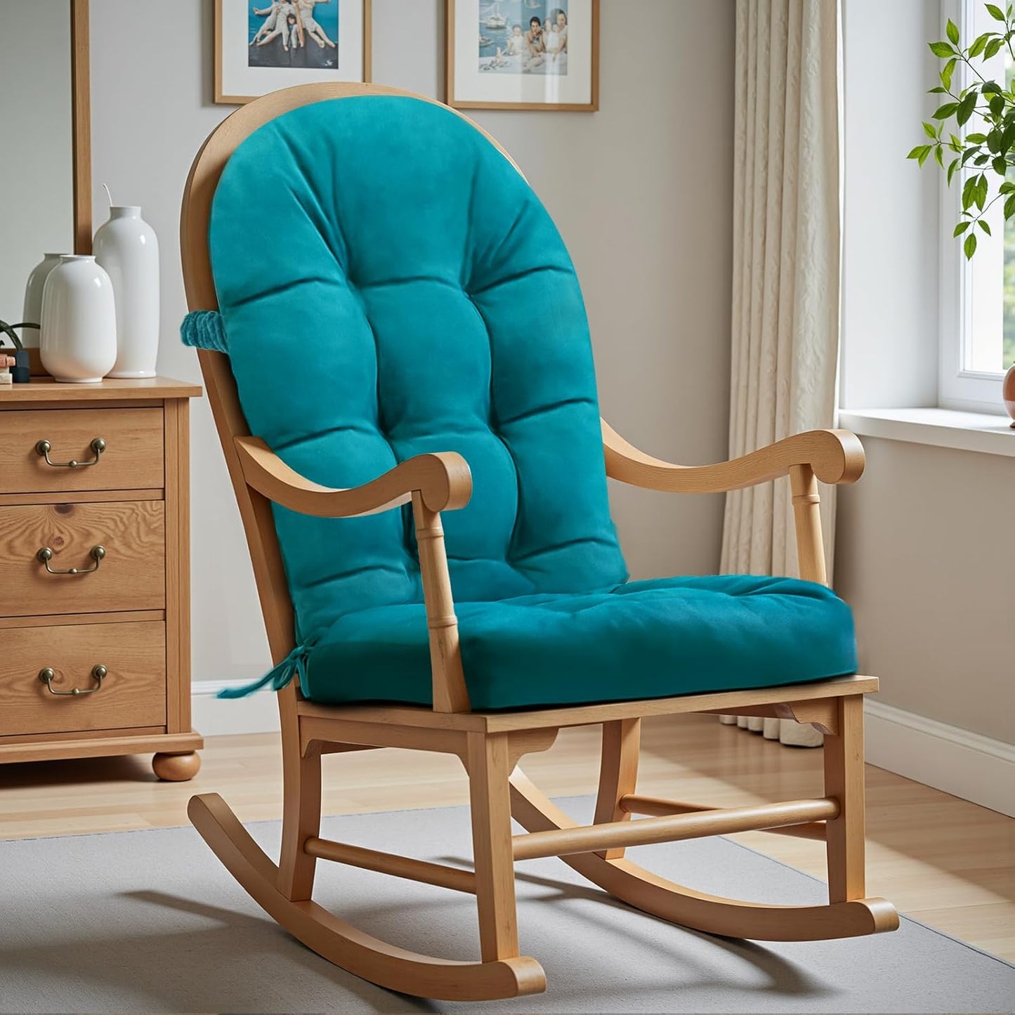 Rocking Chair Cushion - Chenille Fabric, High-Density Sponge, Durable Comfort Non-Slip Bottom Tufted Seat Pads with Ties, Chenille︱Oyster White, 44x19x4 inch