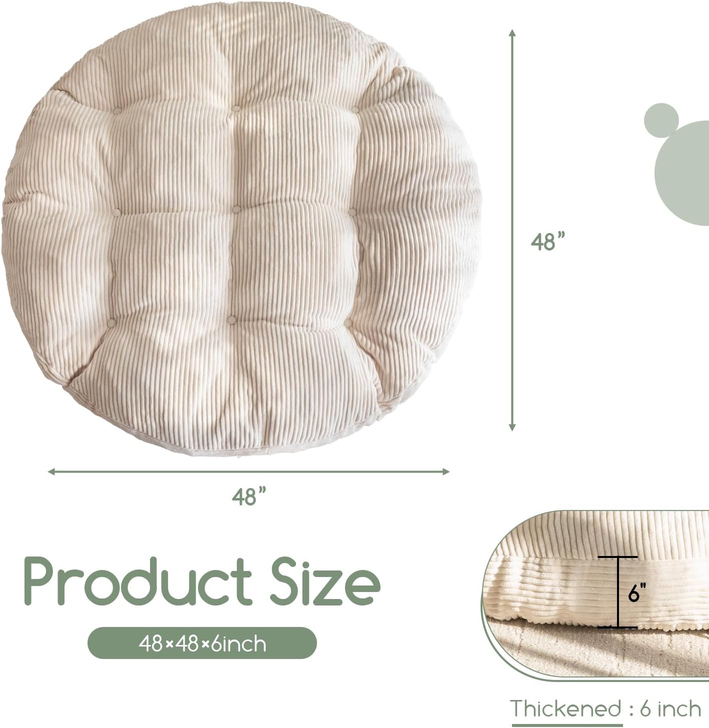 HIGOGOGO Papasan Chair Cushion with Corduroy Cover (Without Chair), 48 x 48 Inch Supportive Cushion, Overstuffed Chair Cushion,Beige