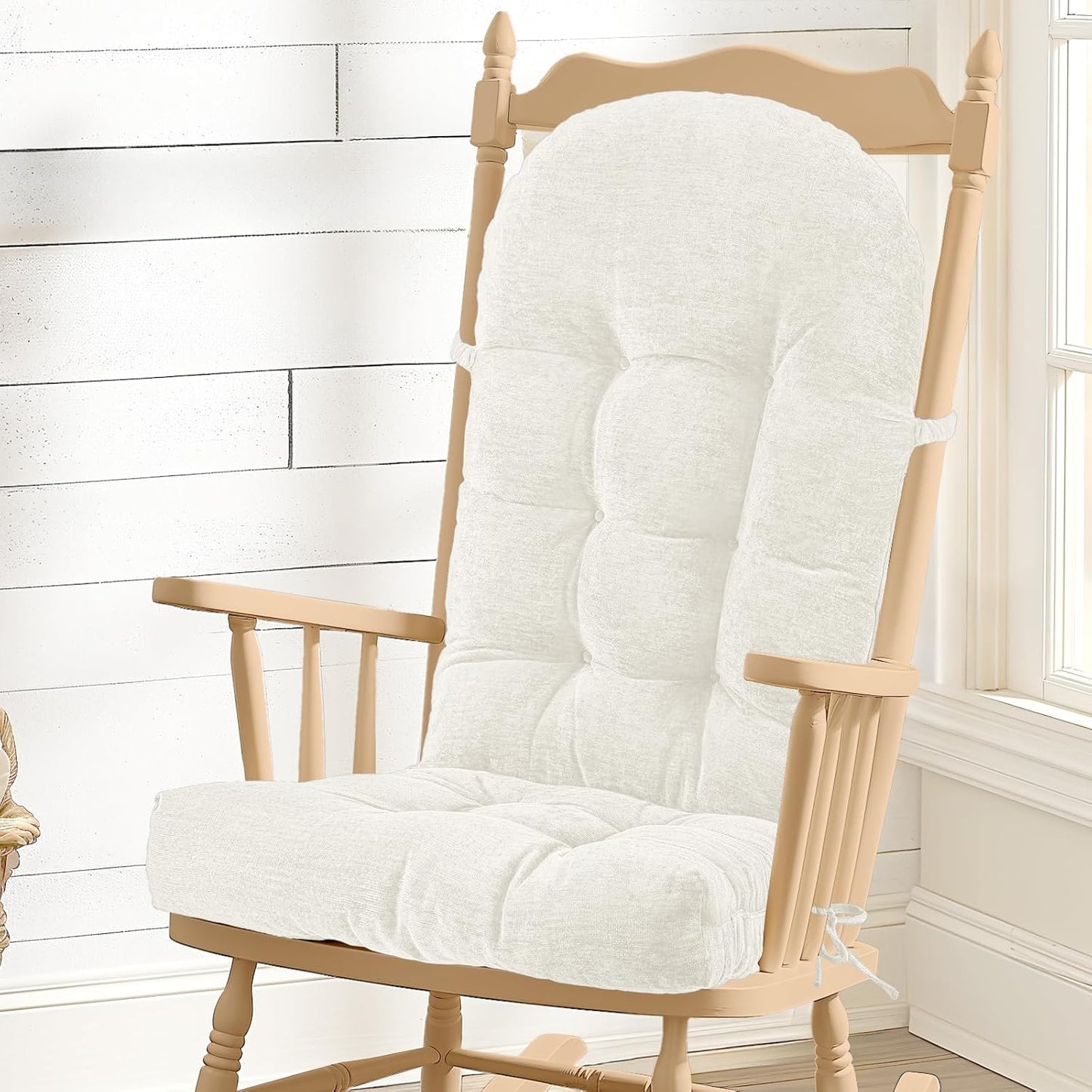 Rocking Chair Cushion - Chenille Fabric, High-Density Sponge, Durable Comfort Non-Slip Bottom Tufted Seat Pads with Ties, Chenille︱Oyster White, 44x19x4 inch