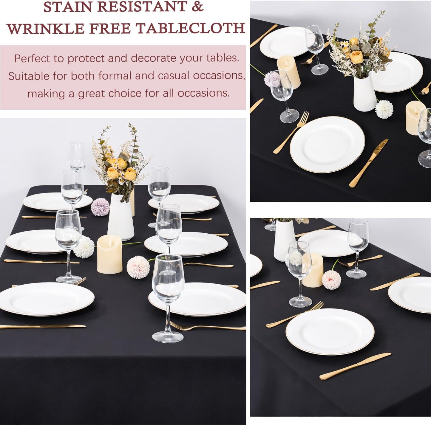 8 Pack Black Tablecloth 60 x 102 Inch Polyester Table Cloth for 6 Foot Rectangle Tables, Wrinkle Resistant Washable Decorative Fabric Table Covers for Wedding Party Banquet Buffet and Camping