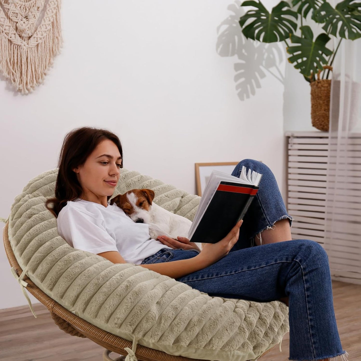 HOMBYS Fluffy Shaggy Cover for Papasan Chair Cushion, Plush Faux Fur Slipcover ONLY, (Without Cushion) Removable Soft Papasan Cushion Covers with 8 Ties, (Khaki, 55"x55")