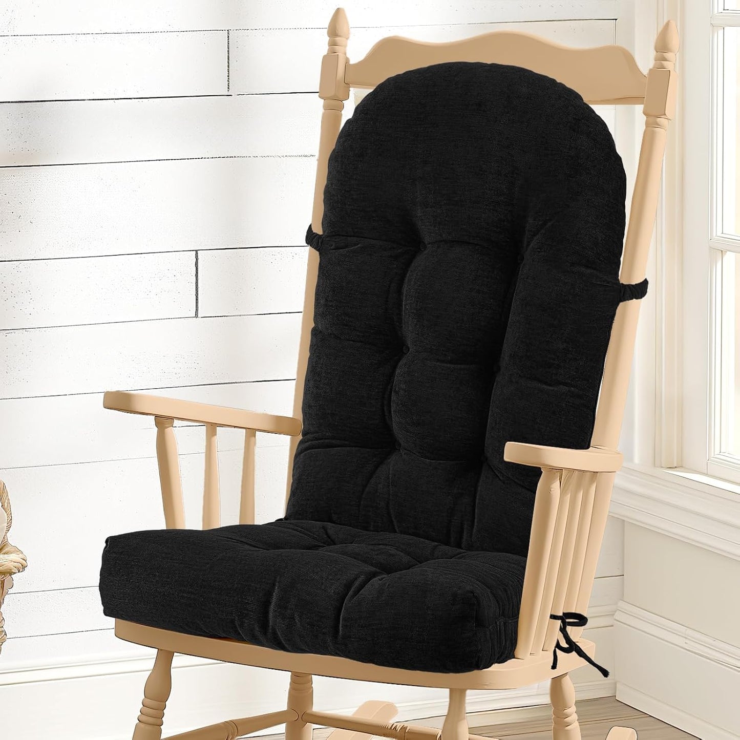 Rocking Chair Cushion - Chenille Fabric, High-Density Sponge, Durable Comfort Non-Slip Bottom Tufted Seat Pads with Ties, Chenille︱Oyster White, 44x19x4 inch