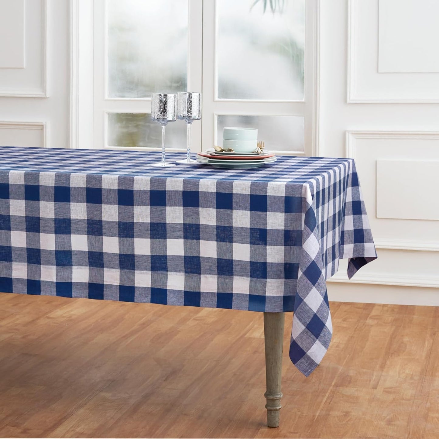 Solino Home Linen Buffalo Plaid Tablecloth 60 x 90 Inch - 100% Pure Linen Natural and White Checkered Table Cloth for Rectangle Tables - Machine Washable Tablecloth for Fall, Autumn, Thanksgiving