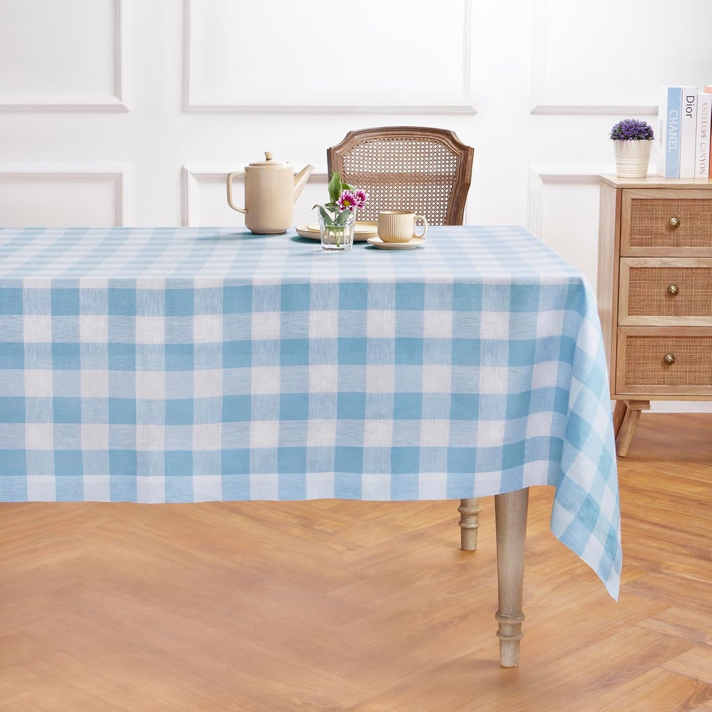 Solino Home Linen Buffalo Plaid Tablecloth 60 x 90 Inch - 100% Pure Linen Natural and White Checkered Table Cloth for Rectangle Tables - Machine Washable Tablecloth for Fall, Autumn, Thanksgiving