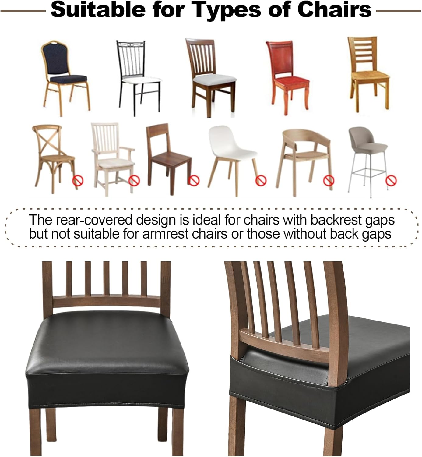 FUANGUI Dining Chair Covers Set of 4, Waterproof PU Leather Stretch Chair Seat Slipcovers Soft Removable Washable Chair Covers, Kitchen Chair Seat Covers Protectors Dining Room, PU-Black