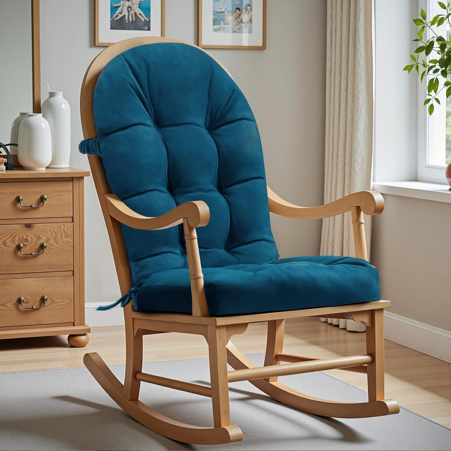 Rocking Chair Cushion - Chenille Fabric, High-Density Sponge, Durable Comfort Non-Slip Bottom Tufted Seat Pads with Ties, Chenille︱Oyster White, 44x19x4 inch