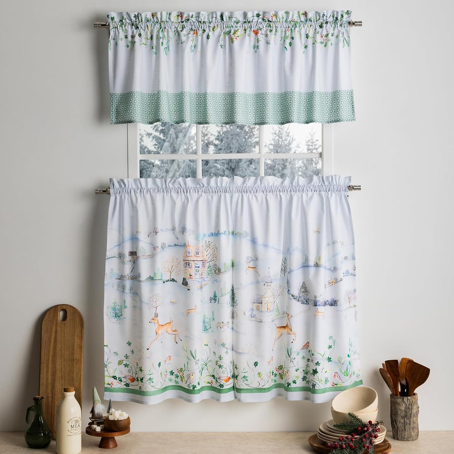 Maison d'Hermine Kitchen Curtains Sets for Windows 100% Cotton Set of Kitchen Curtains Valances for Cafe Home [2 Tiers (28"X36") and 1 Valance (56"X18")] - Easter Decorations (Passiflora)