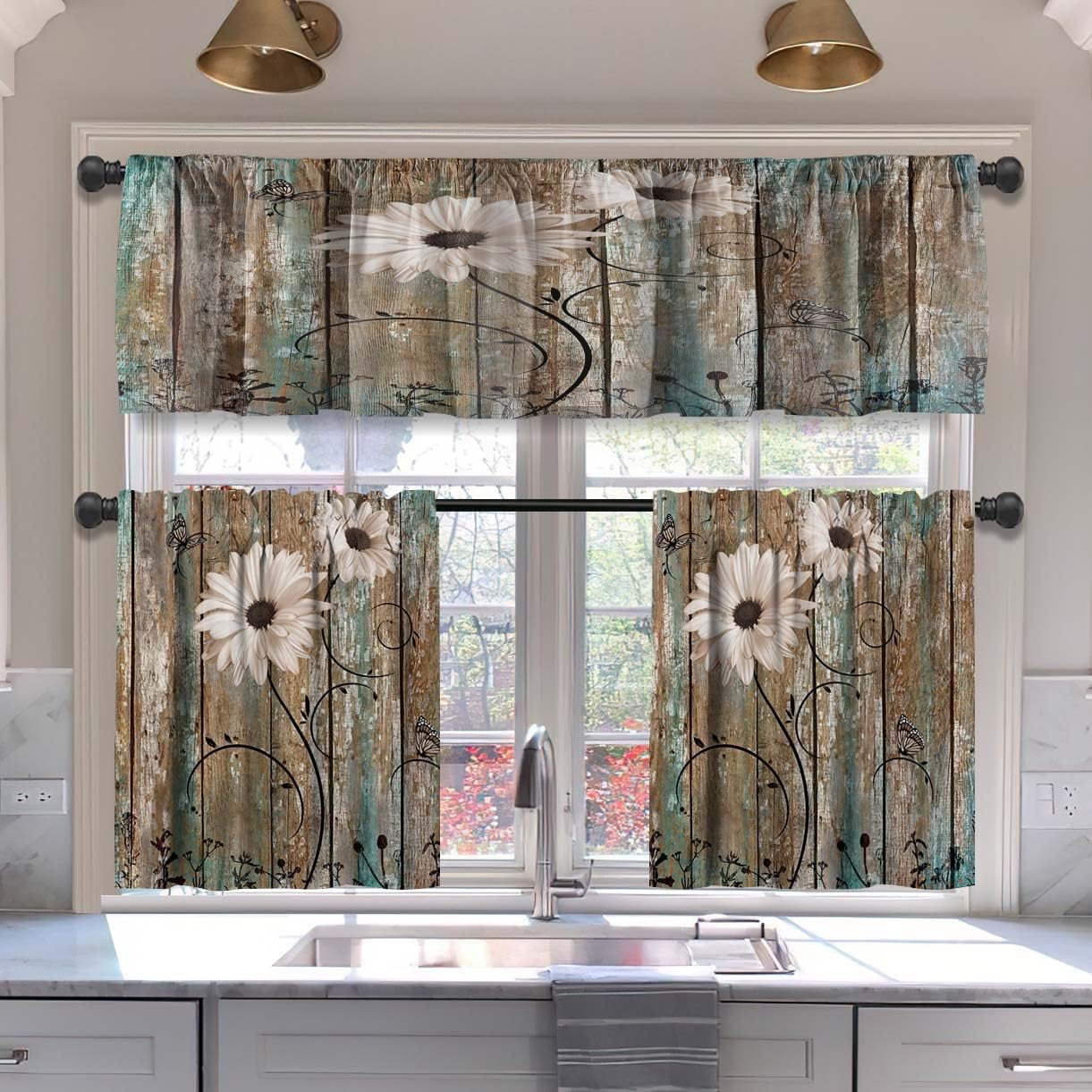 MCALK Brown Blackout Kitchen Curtains Tiers and Valances Set 3 Piece for Windows Beige Kitchen Window Curtains Set,Modern Abstract Art Valances for Living Room(36" Tiers Set)