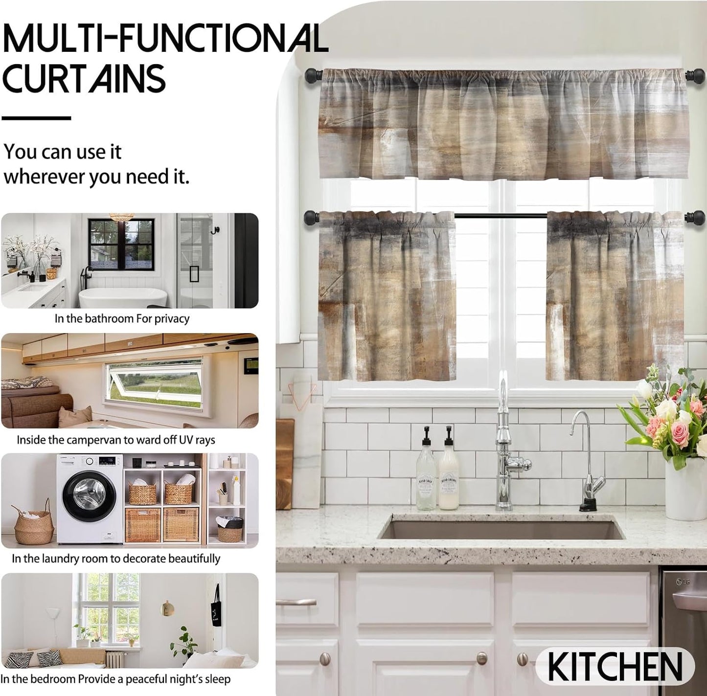 MCALK Brown Blackout Kitchen Curtains Tiers and Valances Set 3 Piece for Windows Beige Kitchen Window Curtains Set,Modern Abstract Art Valances for Living Room(36" Tiers Set)